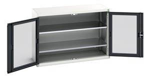 verso window door cupboard with 2 shelves. WxDxH: 1300x550x900mm. RAL 7035/5010 or selected Verso Glazed Clear View Storage Cupboards for Tools with Shelves